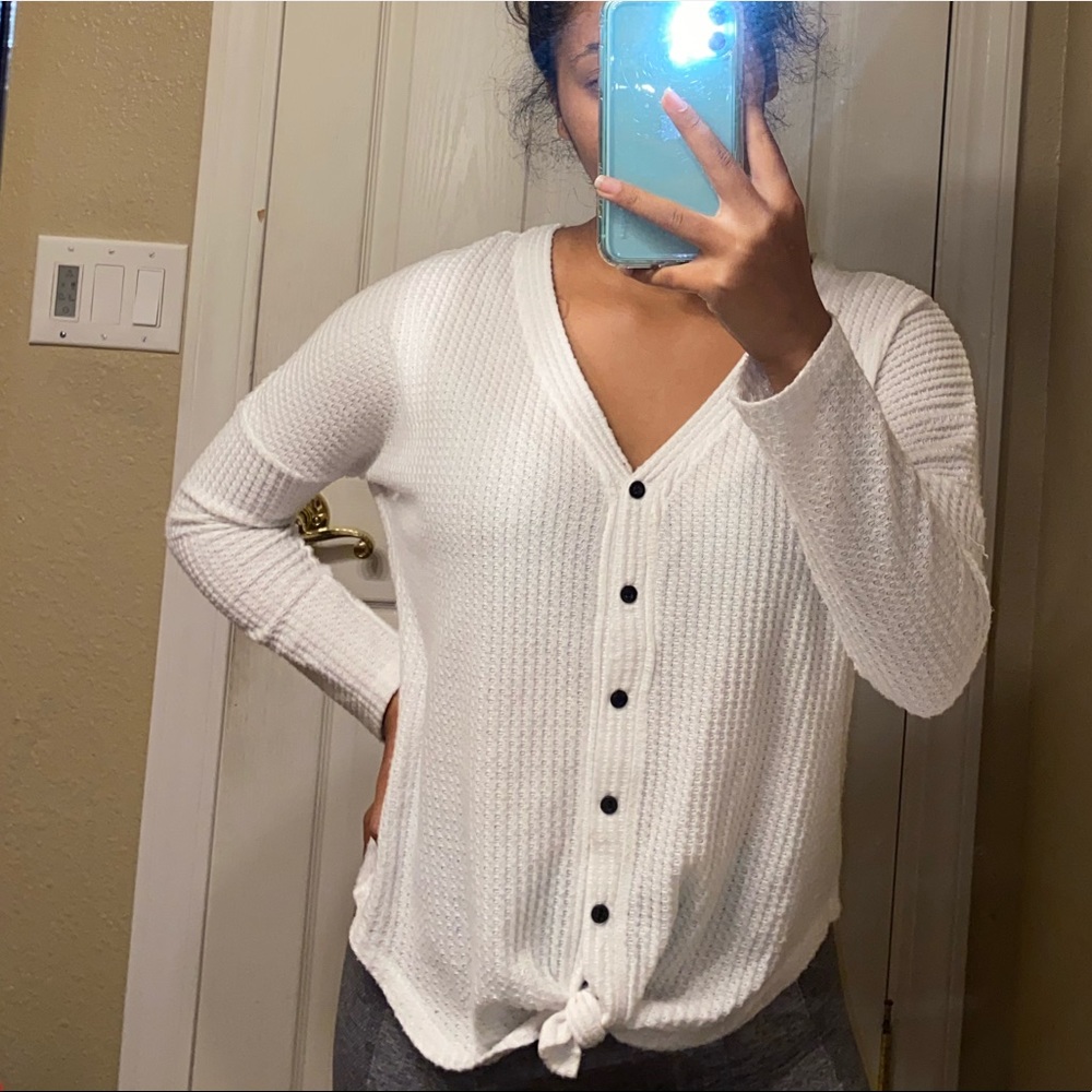 white button sweater